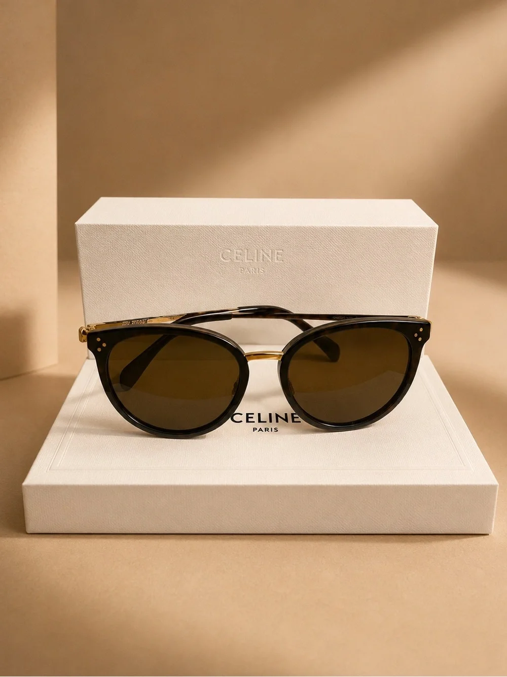 Celine CL40037U Black Gold Round Designer Sunglasses with Box